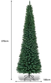 Árvore de Natal Verde de 270 cm 1500 Ramos de Agulhas em PVC Estrutura com Dobradiças e Base de Metal Árvore de Natal Slim Verde