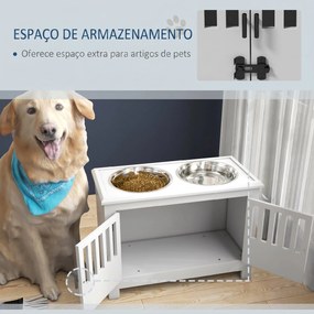 Comedouro Elevado para Cães com 2 Tigelas em Aço Inoxidável 2x2 L, Arrumação 37 L e 2 Portas com Trincos, Branco
