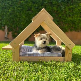 Casa do cão cor natural - Cama de madeira natural FSC para cães e gatos pequenos e médios - Casa do animal de companhia - 2 suportes para tigelas. 76x