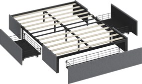 Cama com arrumação 140 x 190 cm (COLCHÃO NÃO INCLUIDO), estrutura de cama de casal estofada com 3 gavetas, base de ripas em LVL, silenciosa, cinzenta