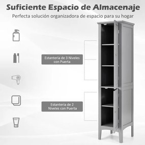 Armário de casa de banho alto com 5 níveis de arrumação estreito 37 x 37 x 160 cm Cinzento