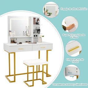 Conjunto de Toucador com Espelho Grande Mesa de Maquilhagem com Banco Acolchoado Luzes LED 2 Gavetas Estantes Pernas de Aço Branco