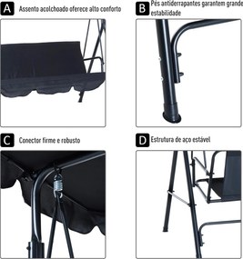 Baloiço de Jardim de Metal 3 lugares com Toldo Ajustável e Almofada  172x110x153 cm Preto