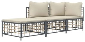 3 pcs conjunto lounge de jardim c/ almofadões vime PE antracite