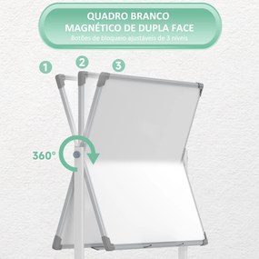 Quadro Magnético de Dupla Face 120x90 cm Quadro Branco Giratório com Suporte Ímanes Marcadores e Apagador Branco