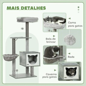 Arranhador para Gatos com Plataforma Rede Caverna Cama Postes de Sisal e Bolas de Brincar 48x40x126 cm Cinza