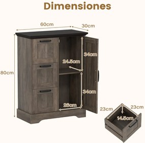 Aparador estilo de fazenda 60 x 30 x 80 cm com porta de celeiro e 3 gavetas de armazenamento Café