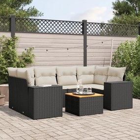 7 pcs conjunto de sofás p/ jardim c/ almofadões vime PE preto