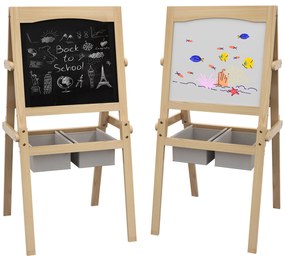 AIYAPLAY Cavalete para Crianças 3 em 1 Cavalete Duplo com Quadro preto e Quadro Branco Cavalete de Madeira para Desenhos com Rolo de Papel e 2 Cestas 58x50,5x109 cm Madeira
