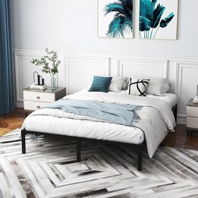 Estrutura de cama de metal simples e resistente de tamanho 201 x 151 x 36 cm com suporte de ripas de ferro e arrumação Preta