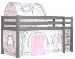 Conjunto Cama alta de Criança PINO 90 x 200 cm + estrado + escada + cortina + tunel Pássaro Cinzenta