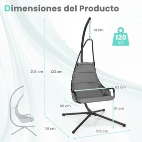 Cadeira suspensa jardim com apoio Assento almofadado Estrutura metálica robusta para varanda jardim Sala de estar 105 x 101 x 203 cm Cinzenta