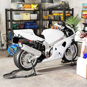 Suporte para roda dianteira e traseira com capacidade para 390 kg; suporte de oficina para motos com braço ajustável em aço, garfo em forma de U + L,