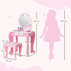 Toucador infantil com design de unicórnio - com Banco incluído 49 x 34 x 90 cm - gaveta, espelho - MDF - rosa e branco