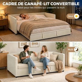 Estrutura de Sofá-Cama 2 em 1, 203 x 190,5 x 75 cm, (COLCHÕES NÂO INCLUIDOS)  Cabeceira Acolchoada Creme