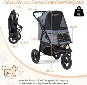 Carrinho de 3 rodas para cães pequenos e médios dobrável para animais de estimação com rodas todo-o-terreno Travão Capota ajustável Cinza