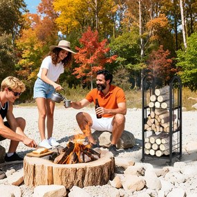 Estante para lenha 40 x 30 x 108 cm de 3 níveis com rodas e conjunto de 5 ferramentas. Inclui tenaz, atiçador, vassoura e pá para interior e exterior