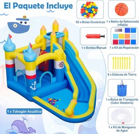Castelo Insuflavel Escorrega aquático insuflável para crianças com piscina (SEM SOPRADOR), cascata, parede de escalada e basquetebol, Multicolorido