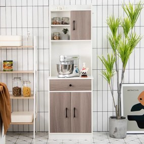 Armário de cozinha com 3 portas, despensa, gaveta, escorredor de roupa, prateleiras reguláveis, amplo espaço aberto para micro-ondas, branco