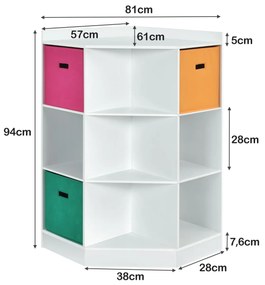 Estante de madeira para crianças com 9 cubos e 3 cestos coloridos Organizador de cantos para brinquedos e livros 81 x 61 x 94 cm Branco