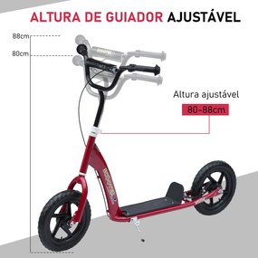 HOMCOM Trotinete com 2 Rodas de 12 Polegadas Trotinete para Crianças com Guiador Ajustável Freio e Cavalete Carga Máxima 100kg 120x52x80-88cm Vermelho