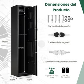 Cofre para 5 caçadeiras 35 × 30 × 145 cm com Teclado digital Acesso rápido Impressão digital Preto