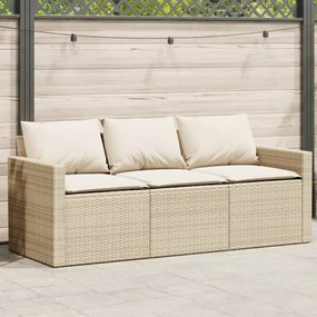 vidaXL Sofá de jardim de 3 lugares com almofadões vime PE bege