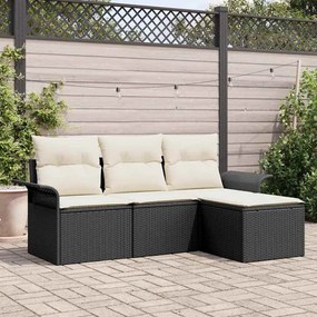 vidaXL Conjunto de Sofá de Jardim de 4 Peças com Almofadas Preto Vime Poliéster