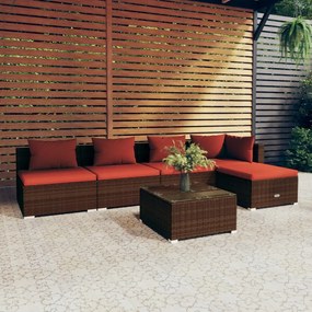 vidaXL 6 pcs conjunto lounge jardim c/ almofadões vime PE castanho