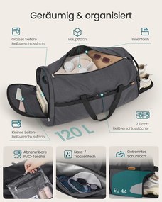 Saco desportivo muito grande 120 L, dobrável, para sapatos e roupa húmida cinzento