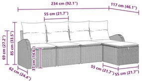 Conjunto de 5 Peças de Sofá de Jardim com Almofadas de Vime Poliéster
