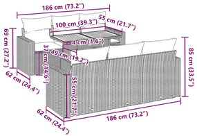 7 pcs conjunto sofás p/ jardim c/ almofadões vime PE cinzento