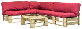 Sofás de paletes jardim 4 pcs almofadões vermelhos madeira