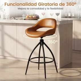 Bancos de bar giratórios, 2 unidades, altura de balcão, encosto, apoio para os pés, metal e couro sintético, para cozinha e sala de jantar, castanho