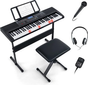 Teclado eletrónico portátil iluminado de 61 teclas com estrado e banco Conjunto de piano digital  50 canções de demonstração Branco + Preto