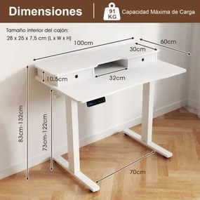 Secretária elétrica com pé 100 x 60 cm com 2 gavetas, altura ajustável e suporte para monitor Branca
