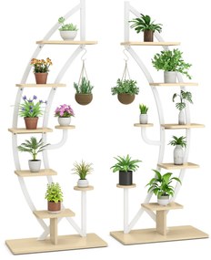 Conjunto de 2 Estantes Metálicas para Plantas 7 Níveis em Forma de Crescente Curvo com Gancho para Varanda 60x30x155 cm Brancas