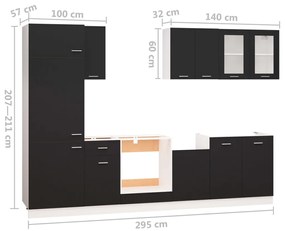 8 pcs conjunto armários de cozinha contraplacado preto