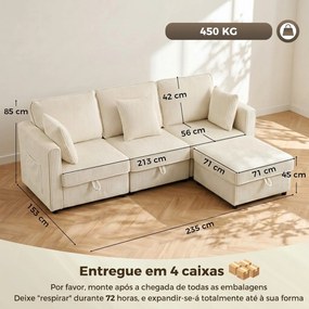 Sofá modular em L de 235 cm com arrumação e ottoman em bombazina, creme