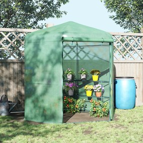 Outsunny Estufa de Jardim Hexágono 194x194x215cm Estufa com 6 Prateleiras Porta Enrolável e Estrutura de Aço Galvanizado para Cultivos de Plantas Vasos de Flores Verde