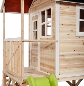 Casa de brincar infantil exterior para crianças Loft 500 em madeira com escorrega e caixa areia - natural