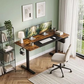 Secretária de Escritório Elétrica, 140 x 60 x 72-118 cm, Altura Regulável com 3 Memórias, Castanho + Preto