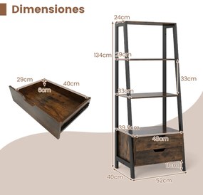 Estante em forma escada 52 x 39,5 x 134 cm com 4 prateleiras abertas e 2 gavetas Castanho Rústico + Preto