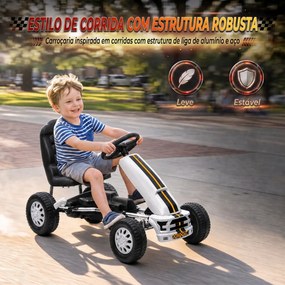 Kart a Pedais para Crianças +3 Anos com Assento Ajustável, Volante, Travão de Mão, Estrutura em Alumínio e Aço, 30 kg, Branco