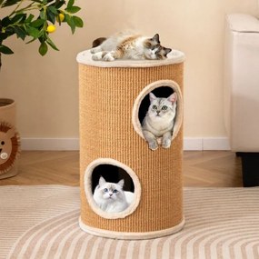Arranhador para gatos 36 x 59,5 cm em forma de barril com plataforma superior espaçosa, de 2 níveis em sisal natural Caqui