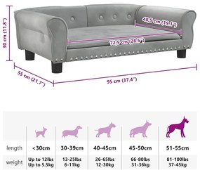 Cama para cães 95x55x30 cm veludo cinzento-claro