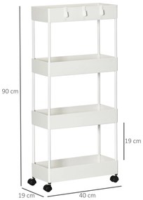 Carrinho Auxiliar com Rodas Carrinho de Armazenamento com 4 Cestas e 4 Ganchos Amovíveis 40x19x90 cm Branco