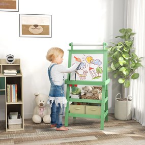 Cavalete de Pintura Infantil 3 em 1 Quadro Dupla Face com Rolo de Papel e Cestos de Arrumação Verde