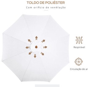 Outsunny Chapéu de Sol de Madeira Ø300x250cm com Altura Ajustável em 3 Níveis para Jardim Terraço Piscina Cafeteria Branco Marfim