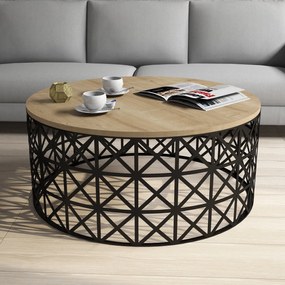 Mesa de Centro Selin Metal Ferforje – Carvalho e Preto – 90x90x38 cm